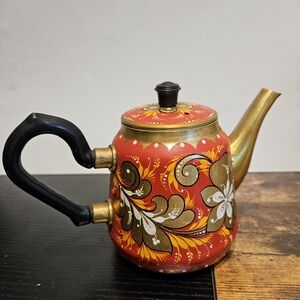 Vintage Russian Floral Red Teapot Khokhloma Folk Art